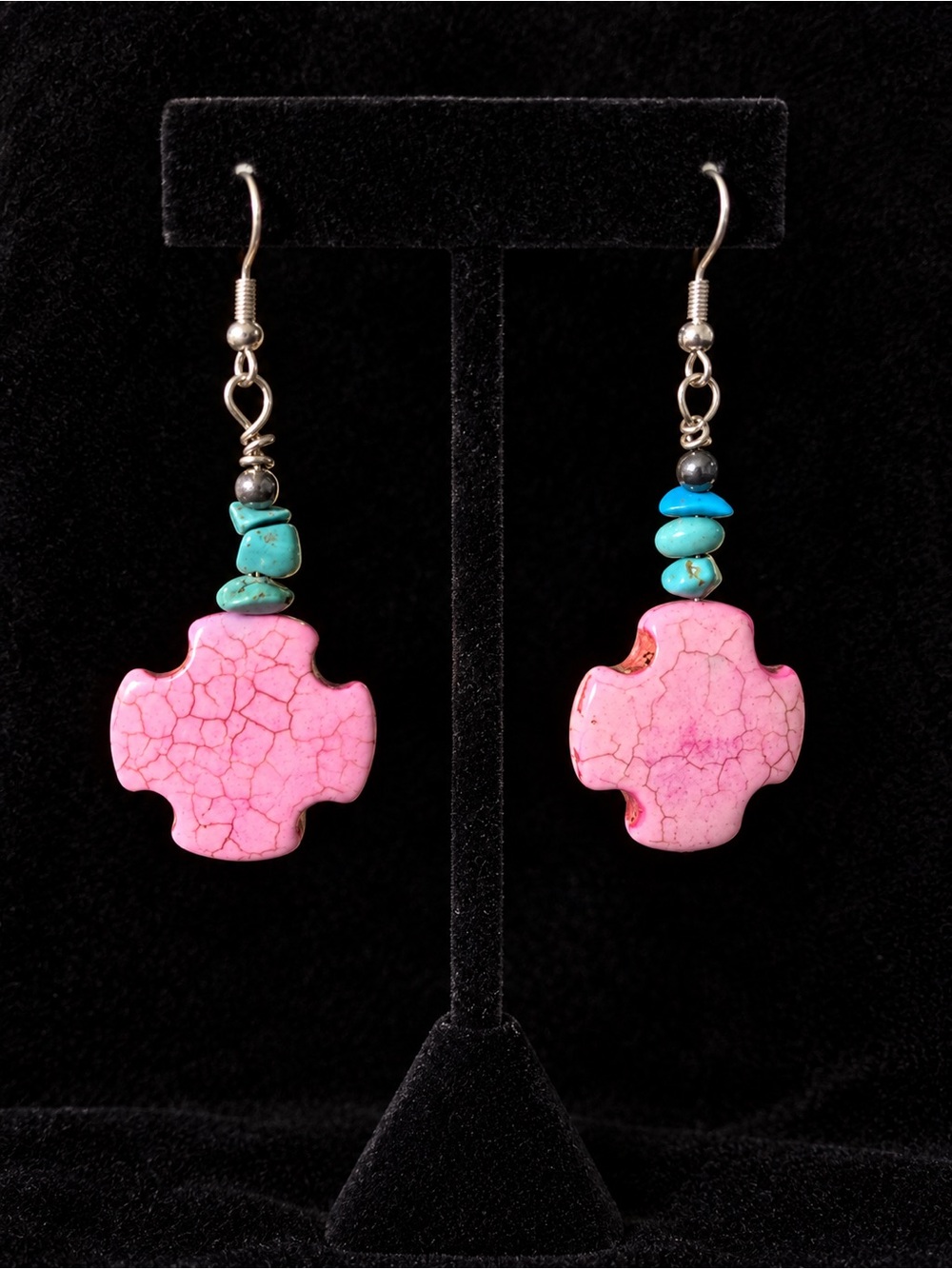 Handcrafted Pink Dyed Howlite Cross Drop Earrings with Turquoise Accents